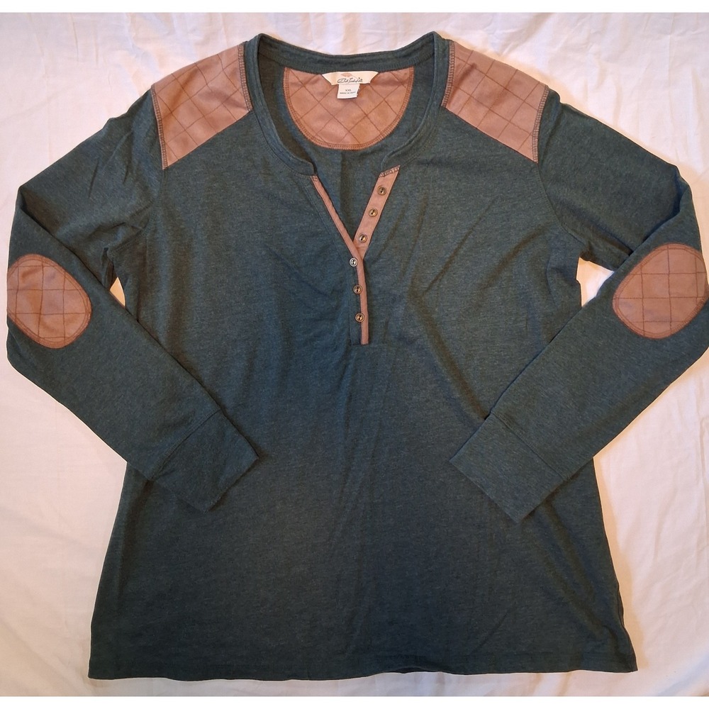 Bob Timberlake XXL Green Henley Shirt Faux Suede Elbow Patches Quilted Shoulders